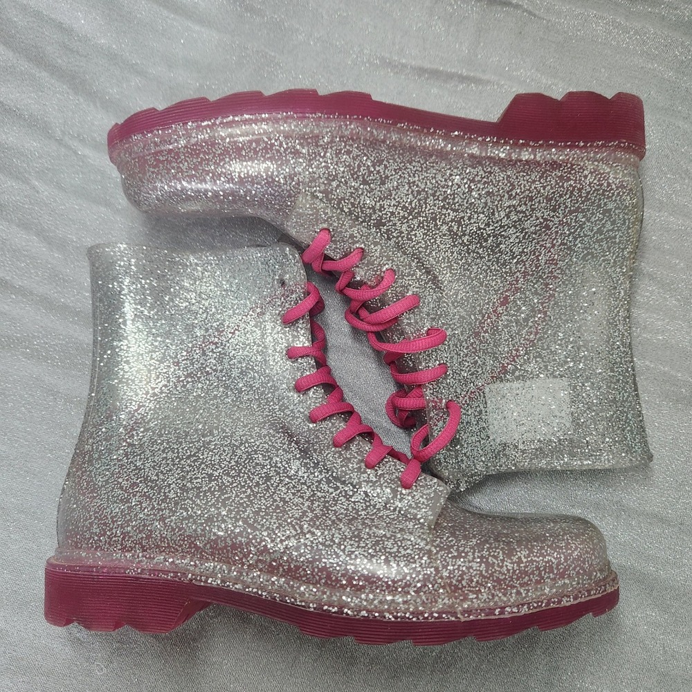 Silver Glitter‎ Jelly Combat Rain Boots Pink Laces Lug Sole Size 5-6